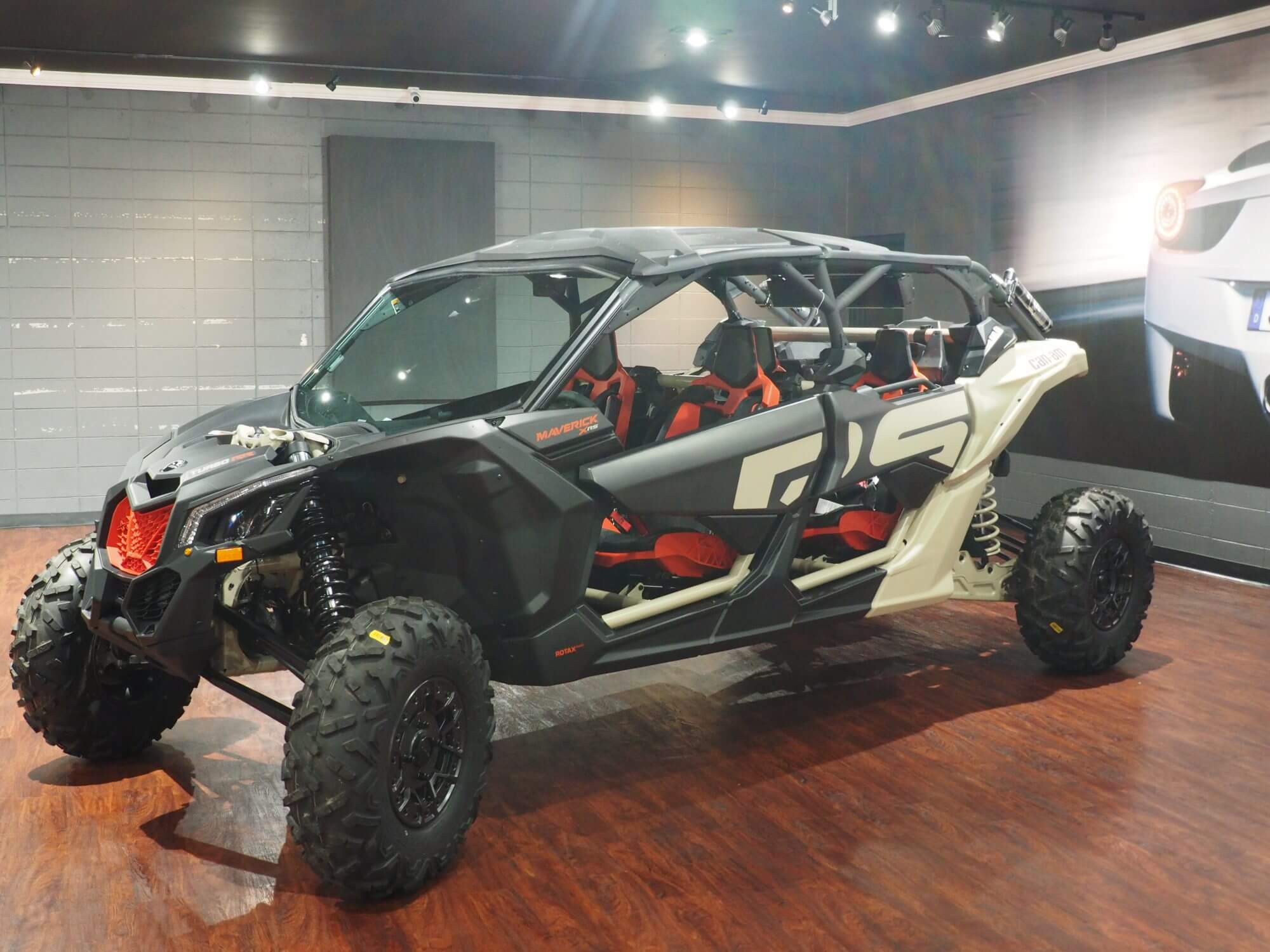 Can-Am Maverick x3 UTV showcased on hardwood floor